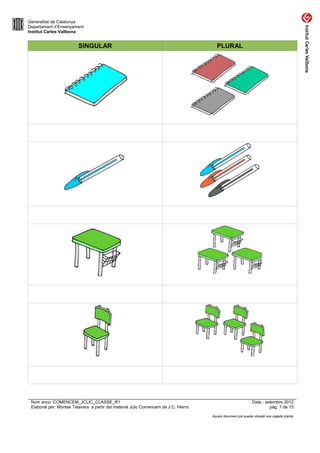 Generalitat de Catalunya
Departament d’Ensenyament
Institut Carles Vallbona


                         SINGULAR                                                      PLURAL




 Nom arxiu: COMENCEM_JCLIC_CLASSE_R1                                                                          Data : setembre 2012
 Elaborat per: Montse Talavera a partir del material Jclic Comencem de J.C. Hierro                                     pàg. 7 de 15

                                                                                     Aquest document pot quedar obsolet una vegada imprès
 