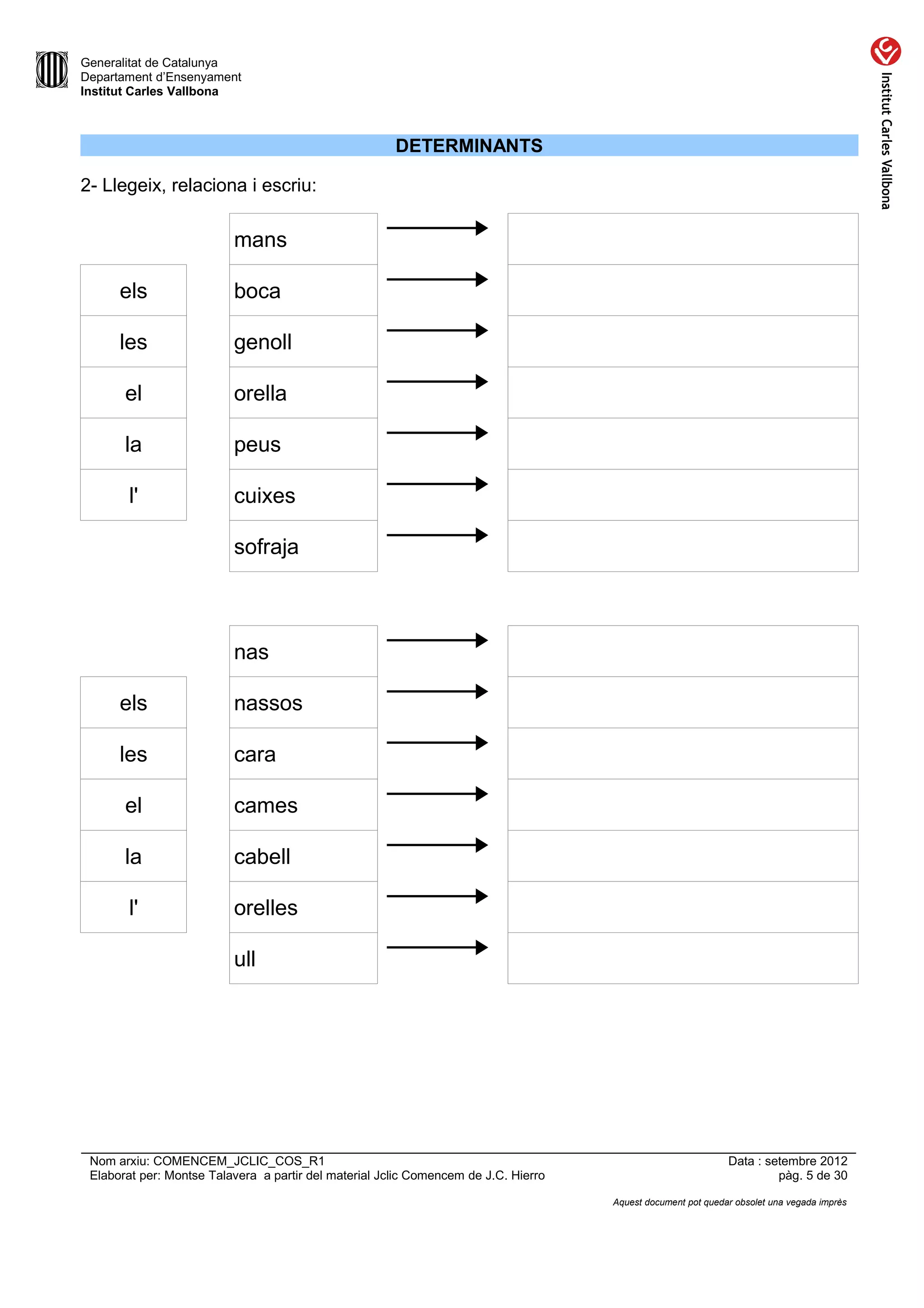 Generalitat de Catalunya
Departament d’Ensenyament
Institut Carles Vallbona



                                                       DETERMINANTS

2- Llegeix, relaciona i escriu:

                          mans

      els                 boca

      les                 genoll

       el                 orella

       la                 peus

        l'                cuixes

                          sofraja



                          nas

      els                 nassos

      les                 cara

       el                 cames

       la                 cabell

        l'                orelles

                          ull




 Nom arxiu: COMENCEM_JCLIC_COS_R1                                                                             Data : setembre 2012
 Elaborat per: Montse Talavera a partir del material Jclic Comencem de J.C. Hierro                                     pàg. 5 de 30

                                                                                     Aquest document pot quedar obsolet una vegada imprès
 