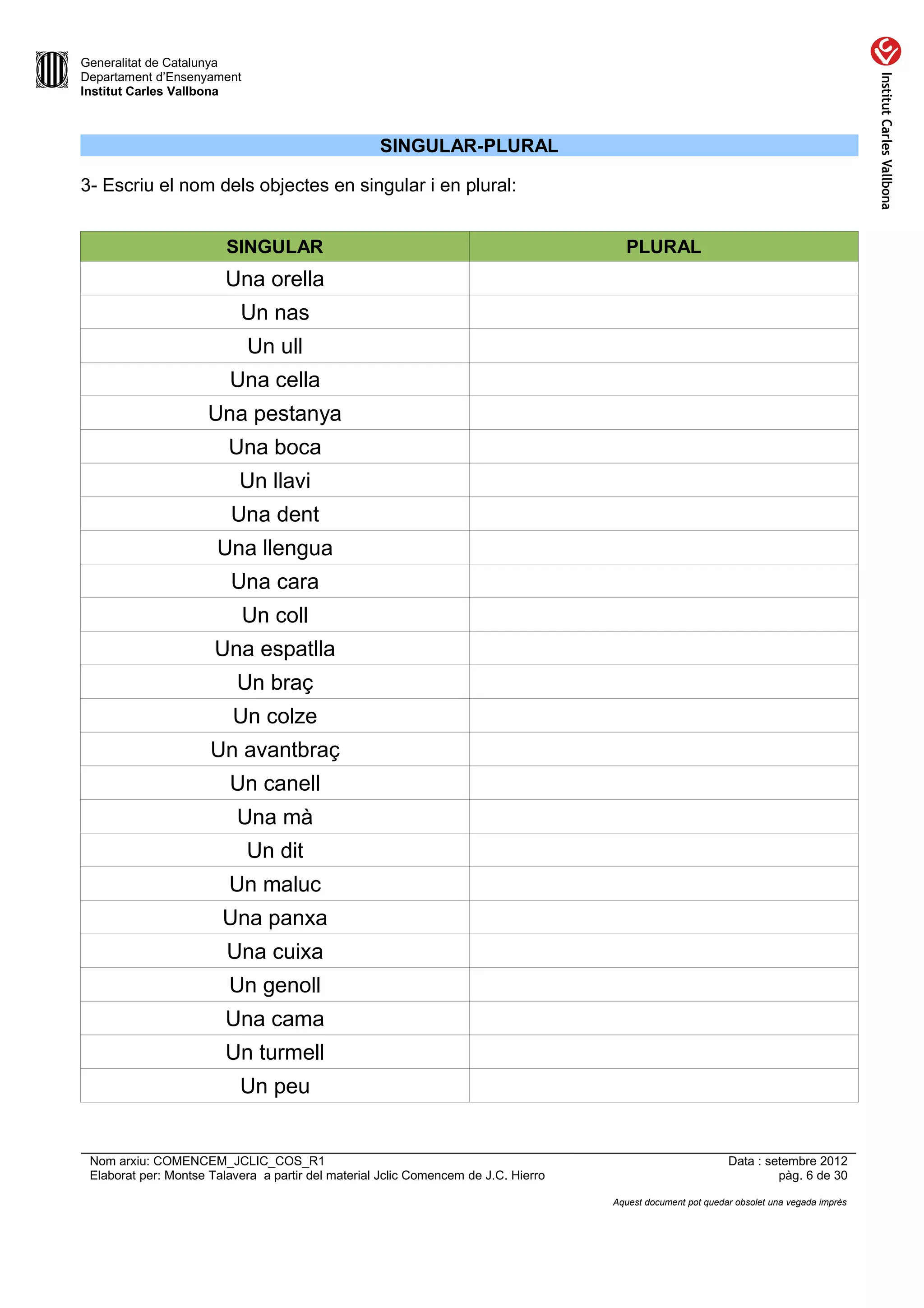 Generalitat de Catalunya
Departament d’Ensenyament
Institut Carles Vallbona



                                                    SINGULAR-PLURAL

3- Escriu el nom dels objectes en singular i en plural:


                         SINGULAR                                                      PLURAL
                         Una orella
                           Un nas
                             Un ull
                         Una cella
                      Una pestanya
                         Una boca
                           Un llavi
                          Una dent
                       Una llengua
                          Una cara
                            Un coll
                       Una espatlla
                           Un braç
                          Un colze
                      Un avantbraç
                         Un canell
                           Una mà
                            Un dit
                         Un maluc
                        Una panxa
                         Una cuixa
                         Un genoll
                         Una cama
                         Un turmell
                           Un peu


 Nom arxiu: COMENCEM_JCLIC_COS_R1                                                                             Data : setembre 2012
 Elaborat per: Montse Talavera a partir del material Jclic Comencem de J.C. Hierro                                     pàg. 6 de 30

                                                                                     Aquest document pot quedar obsolet una vegada imprès
 