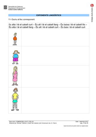 Generalitat de Catalunya
Departament d’Ensenyament
Institut Carles Vallbona



                                               EXPONENTS LINGÜÍSTICS

11- Escriu al lloc corresponent:

És alta i té el cabell curt – És alt i té el cabell llarg – És baixa i té el cabell llis –
És alta i té el cabell llarg – És alt i té el cabell curt – És baix i té el cabell curt




 Nom arxiu: COMENCEM_JCLIC_COS_R1                                                                             Data : setembre 2012
 Elaborat per: Montse Talavera a partir del material Jclic Comencem de J.C. Hierro                                    pàg. 19 de 30

                                                                                     Aquest document pot quedar obsolet una vegada imprès
 