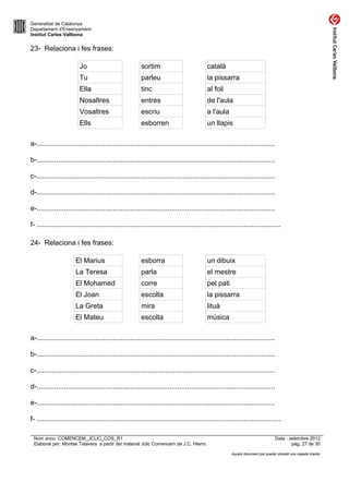 Generalitat de Catalunya
Departament d’Ensenyament
Institut Carles Vallbona


23- Relaciona i fes frases:

                         Jo                             sortim                            català
                         Tu                             parleu                            la pissarra
                         Ella                           tinc                              al foli
                         Nosaltres                      entres                            de l'aula
                         Vosaltres                      escriu                            a l'aula
                         Ells                           esborren                          un llapis

a-..........................................................................................................................

b-..........................................................................................................................

c-..........................................................................................................................

d-..........................................................................................................................

e-..........................................................................................................................

f- .............................................................................................................................

24- Relaciona i fes frases:

                       El Marius                        esborra                           un dibuix
                       La Teresa                        parla                             el mestre
                       El Mohamed                       corre                             pel pati
                       El Joan                          escolta                           la pissarra
                       La Greta                         mira                              lituà
                       El Mateu                         escolta                           música

a-..........................................................................................................................

b-..........................................................................................................................

c-..........................................................................................................................

d-..........................................................................................................................

e-..........................................................................................................................

f- .............................................................................................................................

 Nom arxiu: COMENCEM_JCLIC_COS_R1                                                                                              Data : setembre 2012
 Elaborat per: Montse Talavera a partir del material Jclic Comencem de J.C. Hierro                                                     pàg. 27 de 30

                                                                                                      Aquest document pot quedar obsolet una vegada imprès
 