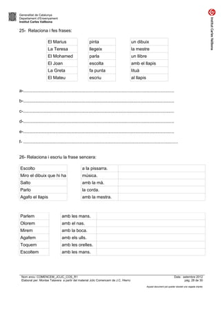 Generalitat de Catalunya
Departament d’Ensenyament
Institut Carles Vallbona


25- Relaciona i fes frases:

                       El Marius                        pinta                             un dibuix
                       La Teresa                        llegeix                           la mestre
                       El Mohamed                       parla                             un llibre
                       El Joan                          escolta                           amb el llapis
                       La Greta                         fa punta                          lituà
                       El Mateu                         escriu                            al llapis

a-..........................................................................................................................

b-..........................................................................................................................

c-..........................................................................................................................

d-..........................................................................................................................

e-..........................................................................................................................

f- .............................................................................................................................


26- Relaciona i escriu la frase sencera:

Escolto                                           a la pissarra.
Miro el dibuix que hi ha                          música.
Salto                                             amb la mà.
Parlo                                             la corda.
Agafo el llapis                                   amb la mestra.



Parlem                            amb les mans.
Olorem                            amb el nas.
Mirem                             amb la boca.
Agafem                            amb els ulls.
Toquem                            amb les orelles.
Escoltem                          amb les mans.




 Nom arxiu: COMENCEM_JCLIC_COS_R1                                                                                              Data : setembre 2012
 Elaborat per: Montse Talavera a partir del material Jclic Comencem de J.C. Hierro                                                     pàg. 28 de 30

                                                                                                      Aquest document pot quedar obsolet una vegada imprès
 