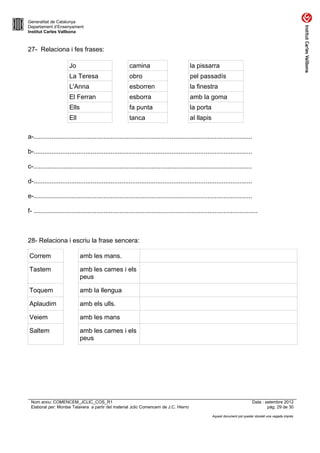 Generalitat de Catalunya
Departament d’Ensenyament
Institut Carles Vallbona



27- Relaciona i fes frases:

                       Jo                               camina                            la pissarra
                       La Teresa                        obro                              pel passadís
                       L'Anna                           esborren                          la finestra
                       El Ferran                        esborra                           amb la goma
                       Ells                             fa punta                          la porta
                       Ell                              tanca                             al llapis

a-..........................................................................................................................

b-..........................................................................................................................

c-..........................................................................................................................

d-..........................................................................................................................

e-..........................................................................................................................

f- .............................................................................................................................



28- Relaciona i escriu la frase sencera:

Correm                        amb les mans.

Tastem                        amb les cames i els
                              peus

Toquem                        amb la llengua

Aplaudim                      amb els ulls.

Veiem                         amb les mans

Saltem                        amb les cames i els
                              peus




 Nom arxiu: COMENCEM_JCLIC_COS_R1                                                                                              Data : setembre 2012
 Elaborat per: Montse Talavera a partir del material Jclic Comencem de J.C. Hierro                                                     pàg. 29 de 30

                                                                                                      Aquest document pot quedar obsolet una vegada imprès
 