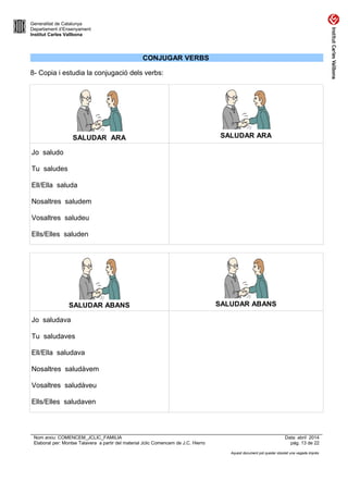 Generalitat de Catalunya
Departament d’Ensenyament
Institut Carles Vallbona
CONJUGAR VERBS
8- Copia i estudia la conjugació dels verbs:
SALUDAR ARA SALUDAR ARA
Jo saludo
Tu saludes
Ell/Ella saluda
Nosaltres saludem
Vosaltres saludeu
Ells/Elles saluden
SALUDAR ABANS SALUDAR ABANS
Jo saludava
Tu saludaves
Ell/Ella saludava
Nosaltres saludàvem
Vosaltres saludàveu
Ells/Elles saludaven
Nom arxiu: COMENCEM_JCLIC_FAMILIA Data: abril 2014
Elaborat per: Montse Talavera a partir del material Jclic Comencem de J.C. Hierro pàg. 13 de 22
Aquest document pot quedar obsolet una vegada imprès
 