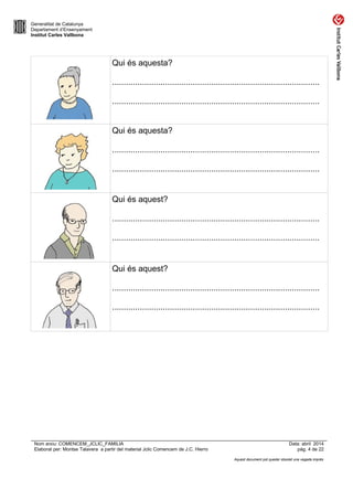 Generalitat de Catalunya
Departament d’Ensenyament
Institut Carles Vallbona
Qui és aquesta?
..........................................................................................
..........................................................................................
Qui és aquesta?
..........................................................................................
..........................................................................................
Qui és aquest?
..........................................................................................
..........................................................................................
Qui és aquest?
..........................................................................................
..........................................................................................
Nom arxiu: COMENCEM_JCLIC_FAMILIA Data: abril 2014
Elaborat per: Montse Talavera a partir del material Jclic Comencem de J.C. Hierro pàg. 4 de 22
Aquest document pot quedar obsolet una vegada imprès
 