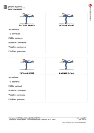 Generalitat de Catalunya
Departament d’Ensenyament
Institut Carles Vallbona
PATINAR ABANS PATINAR ABANS
Jo patinava
Tu patinaves
Ell/Ella patinava
Nosaltres patinàvem
Vosaltres patinàveu
Ells/Elles patinaven
PATINAR DEMÀ PATINAR DEMÀ
Jo patinaré
Tu patinaràs
Ell/Ella patinarà
Nosaltres patinarem
Vosaltres patinareu
Ells/Elles patinaran
Nom arxiu: COMENCEM_JCLIC_LLEURE_ESPORTS_ Data : maig 2013
Elaborat per: Montse Talavera a partir del material Jclic Comencem de J.C. Hierro pàg. 5 de 20
Aquest document pot quedar obsolet una vegada imprès
 
