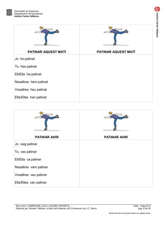 Generalitat de Catalunya
Departament d’Ensenyament
Institut Carles Vallbona
PATINAR AQUEST MATÍ PATINAR AQUEST MATÍ
Jo he patinat
Tu has patinat
Ell/Ella ha patinat
Nosaltres hem patinat
Vosaltres heu patinat
Ells/Elles han patinat
PATINAR AHIR PATINAR AHIR
Jo vaig patinar
Tu vas patinar
Ell/Ella va patinar
Nosaltres vam patinar
Vosaltres vau patinar
Ells/Elles van patinar
Nom arxiu: COMENCEM_JCLIC_LLEURE_ESPORTS_ Data : maig 2013
Elaborat per: Montse Talavera a partir del material Jclic Comencem de J.C. Hierro pàg. 6 de 20
Aquest document pot quedar obsolet una vegada imprès
 