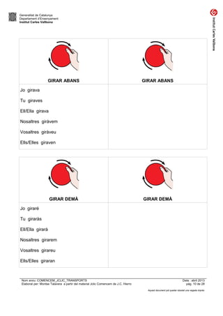 Generalitat de Catalunya
Departament d’Ensenyament
Institut Carles Vallbona

GIRAR ABANS

GIRAR ABANS

Jo girava
Tu giraves
Ell/Ella girava
Nosaltres giràvem
Vosaltres giràveu
Ells/Elles giraven

GIRAR DEMÀ

GIRAR DEMÀ

Jo giraré
Tu giraràs
Ell/Ella girarà
Nosaltres girarem
Vosaltres girareu
Ells/Elles giraran

Nom arxiu: COMENCEM_JCLIC_TRANSPORTS
Elaborat per: Montse Talavera a partir del material Jclic Comencem de J.C. Hierro

Data : abril 2013
pàg. 10 de 28
Aquest document pot quedar obsolet una vegada imprès

 