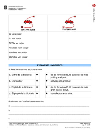 Generalitat de Catalunya
Departament d’Ensenyament
Institut Carles Vallbona

VIATJAR AHIR

VIATJAR AHIR
Jo vaig viatjar
Tu vas viatjar
Ell/Ella va viatjar
Nosaltres vam viatjar
Vosaltres vau viatjar
Ells/Elles van viatjar

EXPONENTS LINGÜÍSTICS
5- Relaciona i torna a escriure la frase:

a. El fre de la bicicleta





és de ferro i rodó, té puntes i és més
petit que el plat.

b. El manillar





serveix per a frenar.

c. El plat de la bicicleta





és de ferro i rodó, té puntes i és més
gran que el pinyó.

d. El pinyó de la bicicleta 



serveix per a conduir.

Ara torna a escriure les frases correctes:
a. ...............................................................................................................................................
b. ...............................................................................................................................................
....................................................................................................................................................
c. ................................................................................................................................................
Nom arxiu: COMENCEM_JCLIC_TRANSPORTS
Elaborat per: Montse Talavera a partir del material Jclic Comencem de J.C. Hierro

Data : abril 2013
pàg. 19 de 28
Aquest document pot quedar obsolet una vegada imprès

 