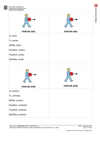 Generalitat de Catalunya
Departament d’Ensenyament
Institut Carles Vallbona




                    PORTAR ARA                                                       PORTAR ARA

Jo porto

Tu portes

Ell/Ella porta

Nosaltres portem

Vosaltres porteu

Ells/Elles porten




                    PORTAR AHIR                                                      PORTAR AHIR

Jo portava

Tu portaves

Ell/Ella portava

Nosaltres portàvem

Vosaltres portàveu

Ells/Elles portaven




 Nom arxiu: COMENCEM_JCLIC_VESTITS_R1__                                                                        Data : desembre 2012
 Elaborat per: Montse Talavera a partir del material Jclic Comencem de J.C. Hierro                                      pàg. 17 de 28

                                                                                       Aquest document pot quedar obsolet una vegada imprès
 
