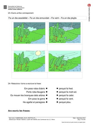 Generalitat de Catalunya
Departament d’Ensenyament
Institut Carles Vallbona


23- Escriu al lloc corresponent:

Fa un dia assolellat – Fa un dia ennuvolat – Fa vent – Fa un dia plujós




24- Relaciona i torna a escriure la frase:

                            Em poso roba d'abric                                     perquè fa fred.
                               Porto roba lleugera                                   perquè fa molt sol.
   Es mouen les branques dels arbres                                                 perquè fa calor.
                                   Em poso la gorra                                  perquè fa vent.
                         He agafat el paraigües                                      perquè plou.


Ara escriu les frases:


 Nom arxiu: COMENCEM_JCLIC_VESTITS_R1__                                                                           Data : desembre 2012
 Elaborat per: Montse Talavera a partir del material Jclic Comencem de J.C. Hierro                                         pàg. 27 de 28

                                                                                          Aquest document pot quedar obsolet una vegada imprès
 