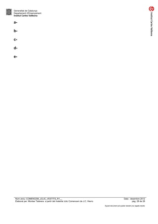 Generalitat de Catalunya
Departament d’Ensenyament
Institut Carles Vallbona


a-

b-

c-

d-

e-




 Nom arxiu: COMENCEM_JCLIC_VESTITS_R1__                                                                      Data : desembre 2012
 Elaborat per: Montse Talavera a partir del material Jclic Comencem de J.C. Hierro                                    pàg. 28 de 28

                                                                                     Aquest document pot quedar obsolet una vegada imprès
 