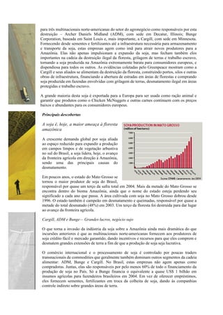 para três multinacionais norte-americanas do setor do agronegócio como responsáveis por esta
destruição – Archer Daniels Midland (ADM), com sede em Decatur, Illinois; Bunge
Corporation, baseada em Saint Louis e, mais importante, a Cargill, com sede em Minnesota.
Fornecendo desde sementes e fertilizantes até a infraestrutura necessária para armazenamento
e transporte da soja, estas empresas agem como imã para atrair novos produtores para a
Amazônia. Elas não apenas impulsionam a expansão da soja, mas fecham também elos
importantes na cadeia da destruição ilegal da floresta, grilagem de terras e trabalho escravo,
tornando a soja produzida na Amazônia extremamente barata para consumidores europeus, e
dispendiosa para todos os outros. As evidências coletadas pelo Greenpeace mostram como a
Cargill e seus aliados se alimentam da destruição da floresta, construindo portos, silos e outras
obras de infraestrutura, financiando a abertura de estradas em áreas de florestas e comprando
soja produzida em fazendas envolvidas com grilagem de terras, desmatamento ilegal em áreas
protegidas e trabalho escravo.

A grande maioria desta soja é exportada para a Europa para ser usada como ração animal e
garantir que produtos como o Chicken McNuggets e outras carnes continuem com os preços
baixos e abundantes para os consumidores europeus.

 Principais descobertas

 A soja é, hoje, a maior ameaça à floresta
 amazônica

 A crescente demanda global por soja aliada
 ao espaço reduzido para expandir a produção
 em campos limpos e de vegetação arbustiva
 no sul do Brasil, a soja lidera, hoje, o avanço
 da fronteira agrícola em direção à Amazônia,
 sendo uma das principais causas do
 desmatamento.

 Em poucos anos, o estado do Mato Grosso se
 tornou o maior produtor de soja do Brasil,
 responsável por quase um terço da safra total em 2004. Mais da metade do Mato Grosso se
 encontra dentro do bioma Amazônia, ainda que o nome do estado esteja perdendo seu
 significado a cada ano que passa. A área cultivada com soja no Mato Grosso dobrou desde
 1996. O estado também é campeão em desmatamento e queimadas, responsável por quase a
 metade do total desmatado (48%) em 2003. Um terço da floresta foi destruída para dar lugar
 ao avanço da fronteira agrícola.

 Cargill, ADM e Bunge— Grandes lucros, negócio sujo

 O que torna a invasão da indústria da soja sobre a Amazônia ainda mais dramática do que
 incursões anteriores é que as multinacionais norte-americanas fornecem aos produtores de
 soja crédito fácil e mercado garantido, dando incentivos e recursos para que eles comprem e
 desmatem grandes extensões de terra a fim de que a produção de soja seja lucrativa.

 O comércio internacional e o processamento de soja é controlado por poucas traders
 transnacionais de commodities que geralmente também dominam outros segmentos da cadeia
 alimentar: ADM, Bunge e Cargill. No Brasil, estas empresas não agem apenas como
 compradoras. Juntas, elas são responsáveis por pelo menos 60% de todo o financiamento da
 produção de soja no País. Só a Bunge financia o equivalente a quase US$ 1 bilhão em
 insumos agrícolas para fazendeiros brasileiros em 2004. Em vez de oferecer empréstimos,
 eles fornecem sementes, fertilizantes em troca da colheita de soja, dando às companhias
 controle indireto sobre grandes áreas de terra.
 
