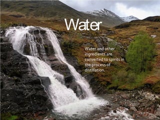 Water
Water and other
ingredients are
converted to spirits in
the process of
distillation.
 