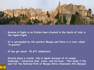 Gravina in Puglia is an Italian town situated in the South of italy in the region Puglia. It is surrounded by the western Murgia and there is a river called “la gravina” It has got about  43.671 inhabitants Gravina plays a crucial  role in Apulia because of its unique landscape – calcareous land, caves, and terraces – that made it the seat for the National Park of Murgia (Parco Nazionale Alta Murgia). 