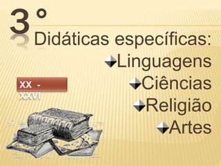 3°Didáticas específicas: 
Linguagens 
Ciências 
Religião 
Artes 
 
