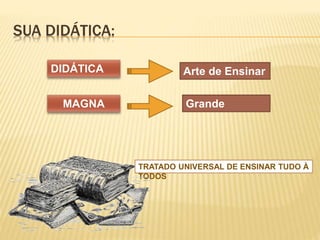 SUA DIDÁTICA: 
DIDÁTICA 
MAGNA 
Arte de Ensinar 
Grande 
TRATADO UNIVERSAL DE ENSINAR TUDO À 
TODOS 
 