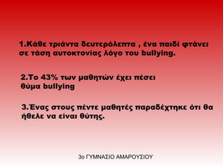 1.Κάθε τριάντα δευτερόλεπτα , ένα παιδί φτάνει
σε τάση αυτοκτονίας λόγο του bullying.
2.Το 43% των μαθητών έχει πέσει
θύμα bullying
3.Ένας στους πέντε μαθητές παραδέχτηκε ότι θα
ήθελε να είναι θύτης.
3ο ΓΥΜΝΑΣΙΟ ΑΜΑΡΟΥΣΙΟΥ
 