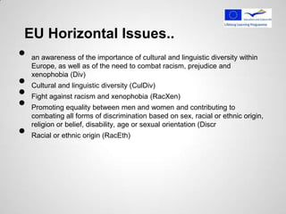 EU Horizontal Issues..
•   an awareness of the importance of cultural and linguistic diversity within
    Europe, as well as of the need to combat racism, prejudice and

•
    xenophobia (Div)


•
    Cultural and linguistic diversity (CulDiv)


•
    Fight against racism and xenophobia (RacXen)
    Promoting equality between men and women and contributing to
    combating all forms of discrimination based on sex, racial or ethnic origin,

•
    religion or belief, disability, age or sexual orientation (Discr
    Racial or ethnic origin (RacEth)
 