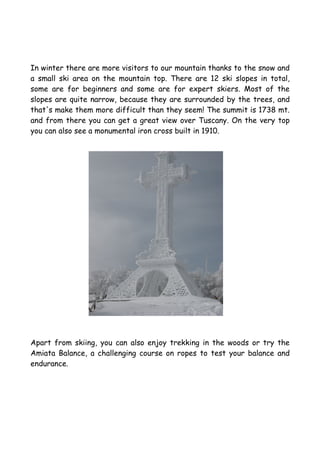 In winter there are more visitors to our mountain thanks to the snow and
a small ski area on the mountain top. There are 12 ski slopes in total,
some are for beginners and some are for expert skiers. Most of the
slopes are quite narrow, because they are surrounded by the trees, and
that's make them more difficult than they seem! The summit is 1738 mt.
and from there you can get a great view over Tuscany. On the very top
you can also see a monumental iron cross built in 1910.




Apart from skiing, you can also enjoy trekking in the woods or try the
Amiata Balance, a challenging course on ropes to test your balance and
endurance.
 