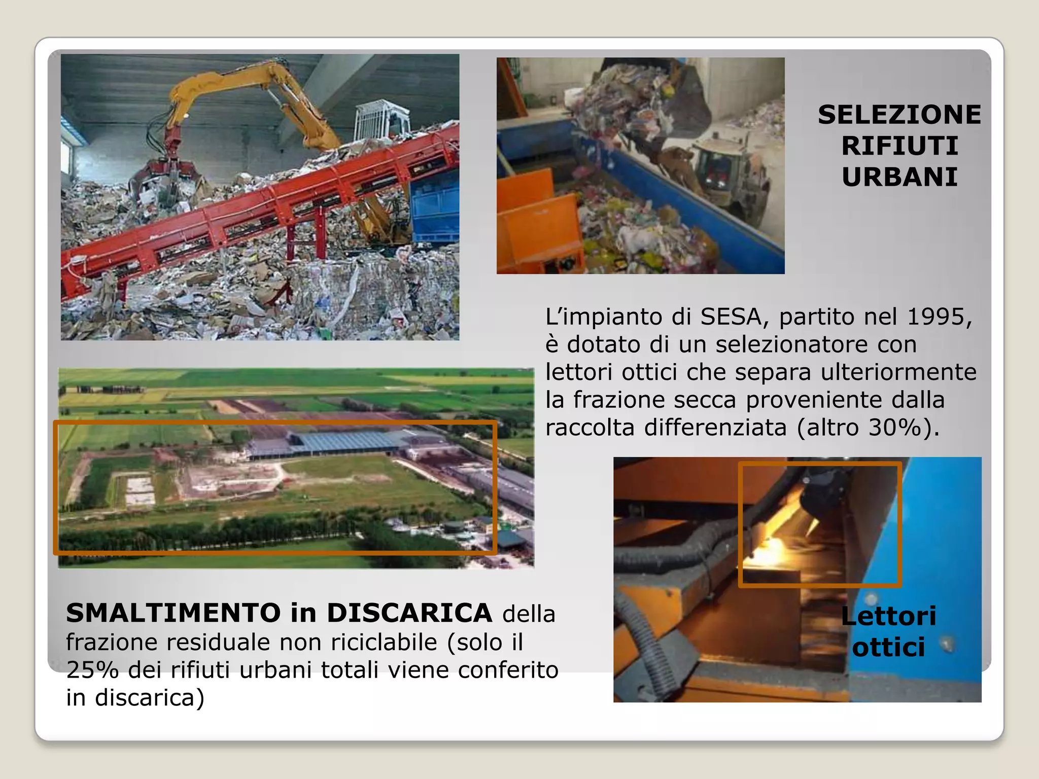 SELEZIONE
                                                                    RIFIUTI
                                                                    URBANI




                                           L’impianto di SESA, partito nel 1995,
                                           è dotato di un selezionatore con
                                           lettori ottici che separa ulteriormente
                                           la frazione secca proveniente dalla
                                           raccolta differenziata (altro 30%).




SMALTIMENTO in DISCARICA della                                       Lettori
frazione residuale non riciclabile (solo il                           ottici
25% dei rifiuti urbani totali viene conferito
in discarica)
 