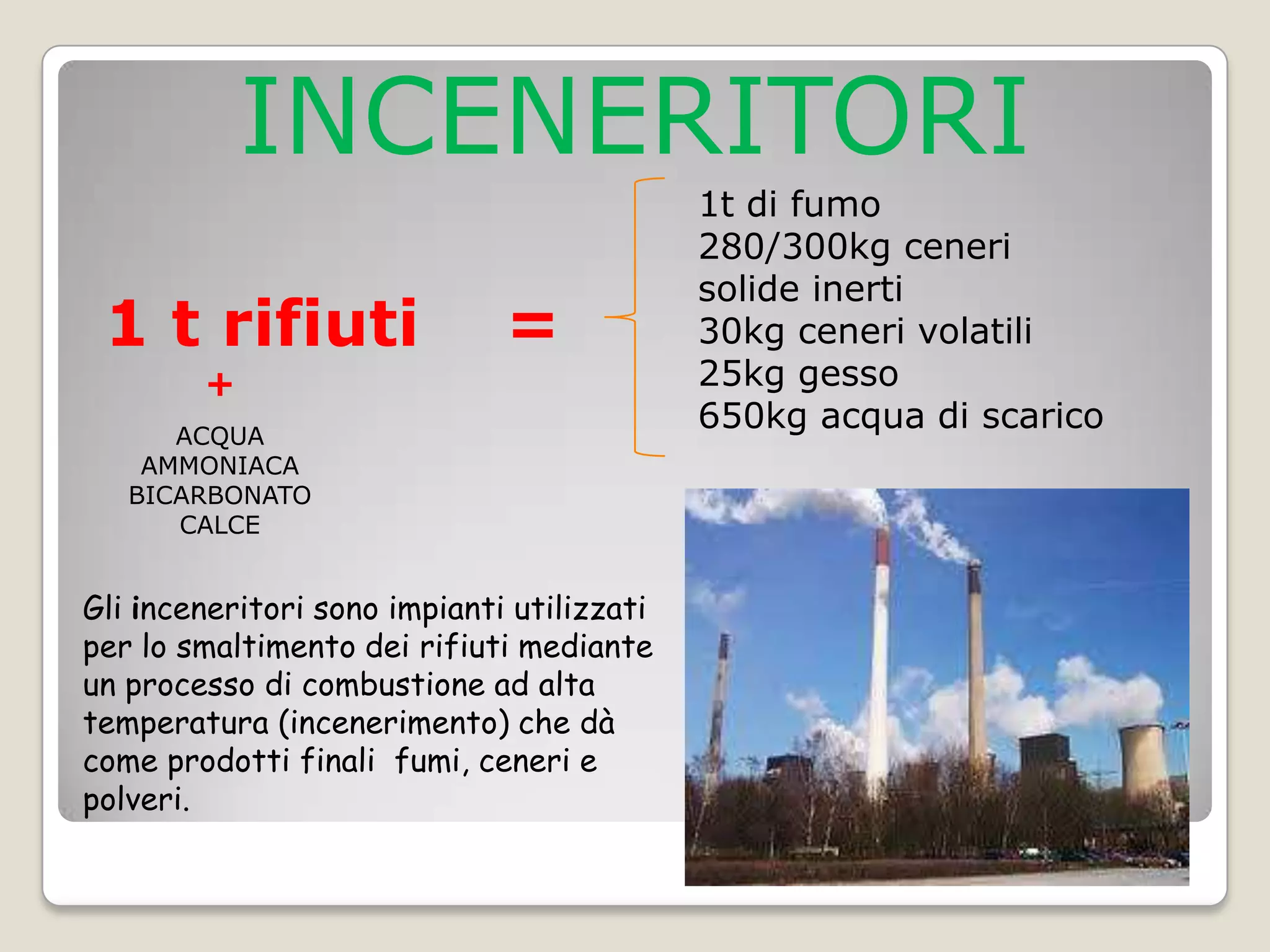 INCENERITORI
                                            1t di fumo
                                            280/300kg ceneri
                                            solide inerti
 1 t rifiuti                  =             30kg ceneri volatili
        +                                   25kg gesso
      ACQUA
                                            650kg acqua di scarico
    AMMONIACA
   BICARBONATO
      CALCE


Gli inceneritori sono impianti utilizzati
per lo smaltimento dei rifiuti mediante
un processo di combustione ad alta
temperatura (incenerimento) che dà
come prodotti finali fumi, ceneri e
polveri.
 