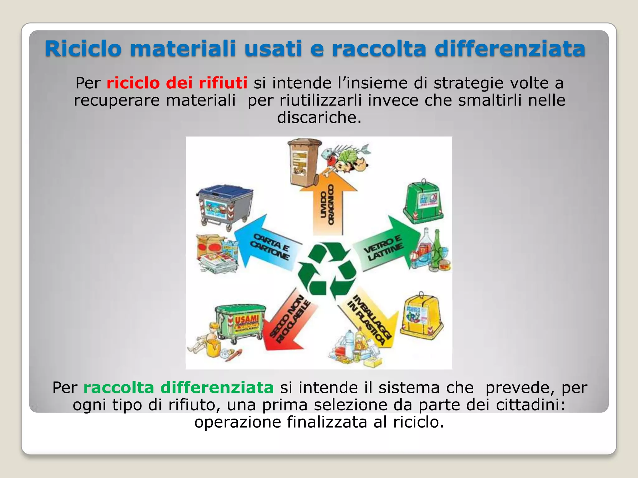 Riciclo materiali usati e raccolta differenziata
  Per riciclo dei rifiuti si intende l’insieme di strategie volte a
  recuperare materiali per riutilizzarli invece che smaltirli nelle
                              discariche.




Per raccolta differenziata si intende il sistema che prevede, per
  ogni tipo di rifiuto, una prima selezione da parte dei cittadini:
                   operazione finalizzata al riciclo.
 