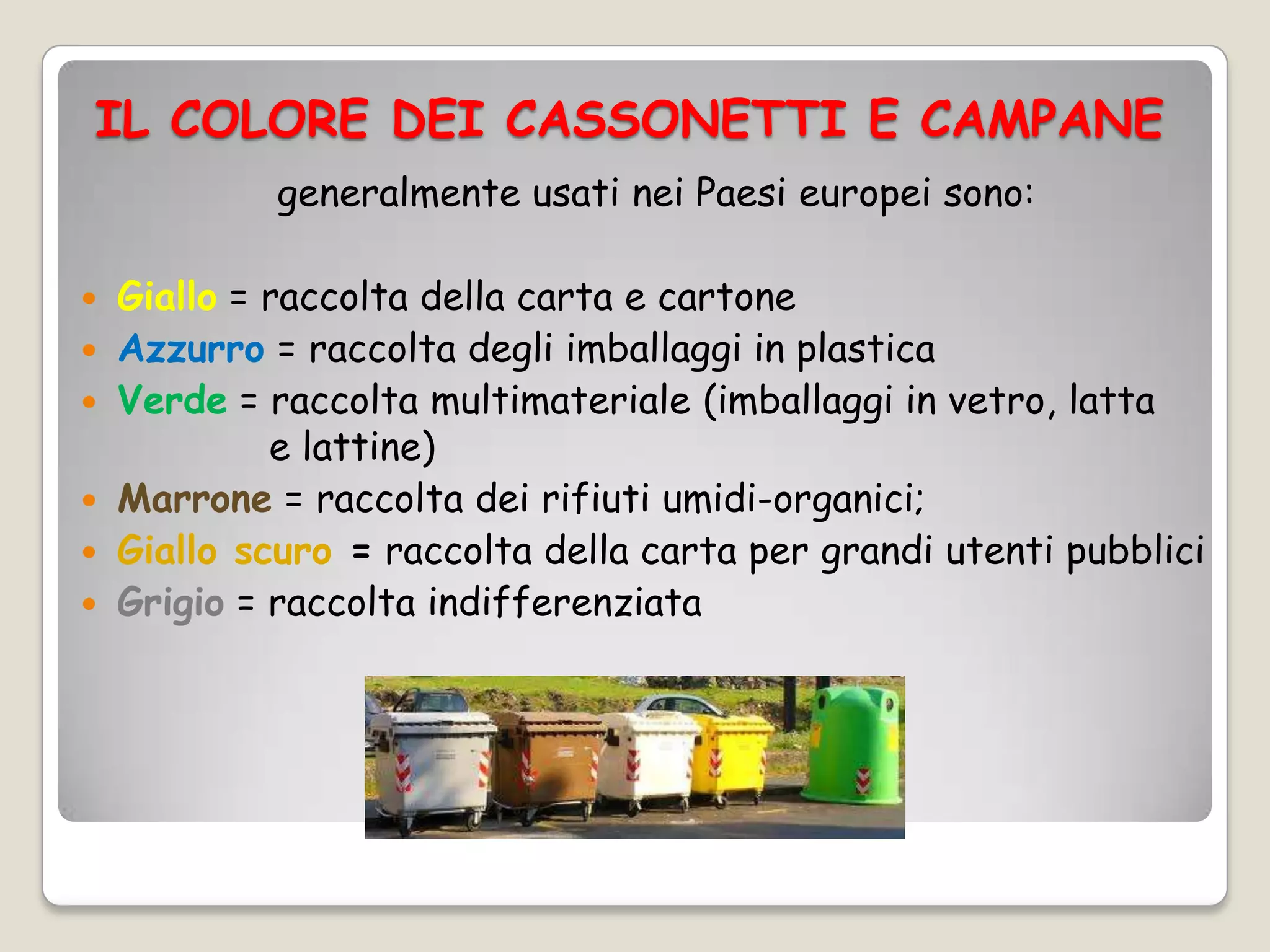 IL COLORE DEI CASSONETTI E CAMPANE
             generalmente usati nei Paesi europei sono:

   Giallo = raccolta della carta e cartone
   Azzurro = raccolta degli imballaggi in plastica
   Verde = raccolta multimateriale (imballaggi in vetro, latta
             e lattine)
   Marrone = raccolta dei rifiuti umidi-organici;
   Giallo scuro = raccolta della carta per grandi utenti pubblici
   Grigio = raccolta indifferenziata
 