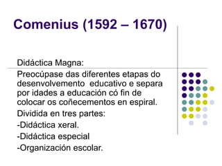 Comenius (1592 – 1670) Didáctica Magna: Preocúpase das diferentes etapas do desenvolvemento  educativo e separa por idades a educación có fin de colocar os coñecementos en espiral .  Dividida en tres partes:  -Didáctica  xeral. -Didáctica especial -Organización escolar. 