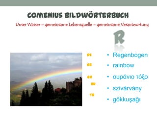 Comenius Bildwörterbuch
Unser Wasser – gemeinsame Lebensquelle – gemeinsame Verantwortung




                                  DE        • Regenbogen
                                  GB        • rainbow
                                   GR       • ουπάνιο ηόξο
                                    HU
                                            • szivárvány
                                    TR
                                            • gökkuşağı
 