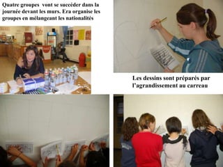 Quatre groupes vont se succéder dans la
journée devant les murs. Era organise les
groupes en mélangeant les nationalités




                                            Les dessins sont préparés par
                                            l’agrandissement au carreau
 