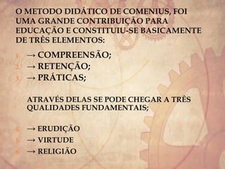 O METODO DIDÁTICO DE COMENIUS, FOI
UMA GRANDE CONTRIBUIÇÃO PARA
EDUCAÇÃO E CONSTITUIU-SE BASICAMENTE
DE TRÊS ELEMENTOS:
1. → COMPREENSÃO;
2. → RETENÇÃO;
3. → PRÁTICAS;
ATRAVÉS DELAS SE PODE CHEGAR A TRÊS
QUALIDADES FUNDAMENTAIS;
4. → ERUDIÇÃO
5. → VIRTUDE
6. → RELIGIÃO
 