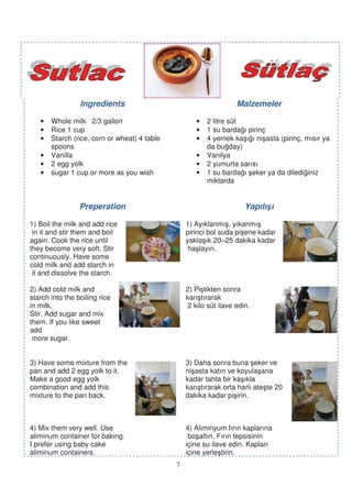Ingredients                                        Malzemeler

   •   Whole milk 2/3 gallon                         •   2 litre süt
   •   Rice 1 cup                                    •   1 su barda ı pirinç
   •   Starch (rice, corn or wheat) 4 table          •   4 yemek ka ı ı ni asta (pirinç, mısır ya
       spoons                                            da bu day)
   •   Vanilla                                       •   Vanilya
   •   2 egg yolk                                    •   2 yumurta sarısı
   •   sugar 1 cup or more as you wish               •   1 su barda ı eker ya da diledi iniz
                                                         miktarda


                 Preperation                                           Yapılı ı

1) Boil the milk and add rice                     1) Ayıklanmı , yıkanmı
 in it and stir them and boil                     pirinci bol suda pi ene kadar
again. Cook the rice until                        yakla ık 20–25 dakika kadar
they become very soft. Stir                        ha layın.
continuously. Have some
cold milk and add starch in
 it and dissolve the starch.

2) Add cold milk and                              2) Pi tikten sonra
starch into the boiling rice                      karı tırarak
in milk.                                           2 kilo süt ilave edin.
Stir. Add sugar and mix
them. If you like sweet
add
 more sugar.


3) Have some mixture from the                     3) Daha sonra buna eker ve
pan and add 2 egg yolk to it.                     ni asta katın ve koyula ana
Make a good egg yolk                              kadar tahta bir ka ıkla
combination and add this                          karı tırarak orta harlı ate te 20
mixture to the pan back.                          dakika kadar pi irin.



4) Mix them very well. Use                        4) Aliminyum fırın kaplarına
aliminum container for baking.                     bo altın. Fırın tepsisinin
I prefer using baby cake                          içine su ilave edin. Kapları
aliminum containers.                              içine yerle tirin.
                                              7
 