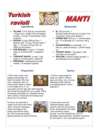Ingredients                                          Malzemeler

   •   FILLING: 1/2 lb (225 gr) minced beef,            •    Ç: 225 g kıyma ,1
       1 large onion, grated, salt and pepper               domates,tatlandırmak için tuz,biber,15 g
       to taste, 1/4 cup (15 gr) parsley, finely            maydanoz, hepsi iyice do ranır.
       chopped.                                         •   HAMUR Ç N: 200 g un, 1 yemek ka ı ı
   •   DOUGH: 2 cups (200 gr) flour, 1                      tuz, 1/2 subarda ı su,1 yumurta,150 g
       tbspoon salt, 1/2 cup (125 gr) water, 1              un
       egg,, 1 1/2 cups (150 gr) flour for              •   KAYNATIRKEN: 6 subarda ı (1 ½
       rolling out the pastry.                              litre) su yada tavuksuyu,1 yemek ka ı ı
   •   FOR BOILING: 6 cups (1 1/2 liters)                   tuz
       water or chicken broth, 1 teaspoon               •   YO URT SOSU: 1 kg yo urt, 3 di
       salt.                                                sarımsak (arzuya gore)
   •   YOGHURT SAUCE: 4 cups (1 kg)                     •   SOS Ç N: 2 yemek ka ı ı tereya , ½
       yoghurt, 3 cloves garlic, (optional).                yemekka ı ı kırmızı pulbiber
   •   DRESSING: 2 tablespoons butter,
       melted, 1/2 teaspoon paprika
   •

                Preperation                                             Yapılı ı

1) Mix meat, onion, salt,                           1) Hamur yo uraca ımız
pepper and parsley in a                             kaba unu alalım. Ortasını
bowl. Set aside. Mix flour                          açıp yumurtayı, tuzu ve suyu
and 1 teaspoon salt in a                            ekleyerek kulak memesi
mixing bowl. Make a hollow                          yumu aklı ında bîr hamur
in the middle.Pour in 1/2                           yo uralım.
cup water and the egg. Mix with fingertips
and knead the dough with your hands. Place
the dough preferably on a wooden floured
work surface, knead well and shape each
piece into a round ball.

2) Cover one ball with a                            2) Hamurdan yumurta
napkin and roll out the other                       irili inde bezeler yapıp
 with a long thin rolling pin.                      üzerine nemli bir bez örterek
Wrap one edge of the                                20 dk. dinlendirelim. Bir kabın
pastry around the rolling                            içine çentilm so anı,
pin. Roll forward pressing                          kıymayı, kıyılmı maydanozu, tuzu ve
gently towards the ends of the pin.                 karabiberi alıp karı tıralım. Bezeleri unlanmı
                                                    bir zeminde 0.1 mm. kalınlı ında açalım.



                                                   11
 
