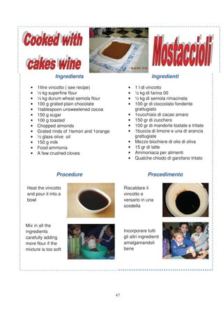 Ingredients                                      Ingredienti

  •   1litre vincotto ( see recipe)               •   1 l di vincotto
  •   ½ kg superfine flour                        •   ½ kg di farina 00
  •   ½ kg durum wheat semola flour               •   ½ kg di semola rimacinata
  •   100 g grated plain chocolate                •   100 gr di cioccolato fondente
  •   1tablespoon unsweetened cocoa                   grattugiato
  •   150 g sugar                                 •   1cucchiaio di cacao amaro
  •   100 g toasted                               •   150 gr di zucchero
  •   Chopped almonds                             •   100 gr di mandorle tostate e tritate
  •   Grated rinds of 1lemon and 1orange          •   1buccia di limone e una di arancia
  •   ½ glass olive oil                               grattugiate
  •   150 g milk                                  •   Mezzo bicchiere di olio di oliva
  •   Food ammonia                                •   15 gr di latte
  •   A few crushed cloves                        •   Ammoniaca per alimenti
                                                  •   Qualche chiodo di garofano tritato


                Procedure                                     Procedimento

Heat the vincotto                               Riscaldare il
and pour it into a                              vincotto e
bowl                                            versarlo in una
                                                scodella

                      .

Mix in all the
ingredients                                     Incorporare tutti
carefully adding                                gli altri ingredienti
more flour if the                               amalgamandoli
mixture is too soft                             bene




                                           47
 