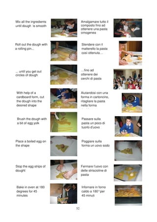Mix all the ingredients        Amalgamare tutto il
until dough is smooth          composto fino ad
                               ottenere una pasta
                               omogenea


Roll out the dough with        Stendere con il
a rolling pin...               matterello la pasta
                               così ottenuta…




... until you get out          …fino ad
circles of dough               ottenere dei
                               cerchi di pasta



With help of a                 Aiutandosi con una
cardboard form, cut            forma in cartoncino,
the dough into the             ritagliare la pasta
desired shape                  nella forma
                               d id t

 Brush the dough with          Passare sulla
 a bit of egg yolk             pasta un poco di
                               tuorlo d’uovo



Place a boiled egg on          Poggiare sulla
the shape                      forma un uovo sodo




Stop the egg strips of         Fermare l’uovo con
dought                         delle striscioline di
                               pasta


Bake in oven at 180            Infornare in forno
degrees for 45                 caldo a 180° per
minutes                        45 minuti



                          52
 