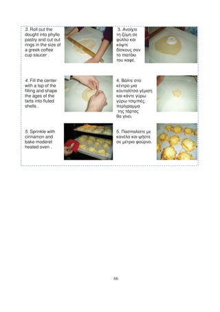 3. Roll out the         3.
dought into phyllo
pastry and cut out
rings in the size of
a greek coffee
cup saucer .
                                 .



4. Fill the center      4.
with a tsp of the
filling and shape
the ages of the
tarts into fluted                    .
shells .

                             .


5. Sprinkle with        5.
cinnamon and
bake moderet                             .
heated oven .




                       66
 