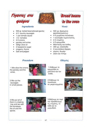 Ingredients

    •   500 gr. boiled beans(broad-giants)             •       500           .
    •   4-5 country sausages                                                     (       )
    •   1 can tomato sause                             •       4-5
    •    2-3 tomatos                                   •       1
    •   4-5 onions                                     •       2-3
    •   parsley and anise                              •       4-5
    •   300gr olive oil                                •
    •   2 teaspoons sugar                              •       300           .
    •   oregano, thyme                                 •       2
    •   Salt and pepper                                •                     ,
                                                       •


               Procedure


 1.We slice the onions,                           1.
the parsley and the                                                  ,
 anise.
                                                           .


2.We cut the                                      2.
  sausages
in small pieces.                                                                     .
.




3.We put all of                                   3.B
them in a baking
 tray and we add                                                         ,
the tomatoes,
the oil and the                                                  .
spices.




                                             67
 