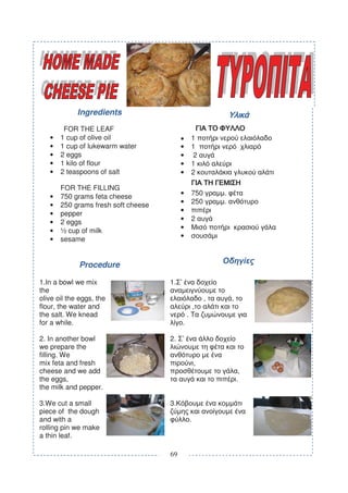 Ingredients                                           ˒˨˦˧˙
        FOR THE LEAF                                        ˁˇʿ ˑˍ ˓˒ˉˉˍ
   •   1 cup of olive oil                 •         1
   •   1 cup of lukewarm water            •         1
   •   2 eggs                             •          2
   •   1 kilo of flour                    •         1
   •   2 teaspoons of salt                •         2
                                                    ˁˇʿ ˑ˅ ˁ˃ˊˇː˅
       FOR THE FILLING
   •   750 grams feta cheese              •         750      .
   •   250 grams fresh soft cheese        •         250      .
   •   pepper                             •
   •   2 eggs                             •         2
   •   ½ cup of milk                      •
   •   sesame                             •



             Procedure

1.In a bowl we mix                   1. ’
the
olive oil the eggs, the                                      ,      ,
flour, the water and                                    ,
the salt. We knead                              .
for a while.                                .

2. In another bowl                   2. ’
we prepare the
filling. We
mix feta and fresh                                      ,
cheese and we add                                                        ,
the eggs,                                                               .
the milk and pepper.

3.We cut a small                     3.
piece of the dough
and with a                                          .
rolling pin we make
a thin leaf.

                                     69
 