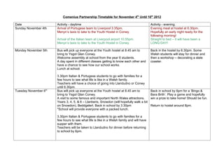 Comenius Partnership Timetable for November 4th Until 10th 2012

Date                   Activity - daytime                                                   Activity - evening
Sunday November 4th    Arrival of Portugese team to Liverpool 3.35pm.                       Evening meal at hostel at 6.30pm.
                       Menyn’s taxis to take to the Youth Hostel in Conwy.                  Hopefully an early night ready for the
                                                                                            following morning!
                       Arrival of the Italian team at Liverpool airport 10.55pm.            Straight to bed – it will have been a
                       Menyn’s taxis to take to the Youth Hostel in Conwy.                  LONG DAY!

Monday November 5th    Bus will pick up everyone at the Youth hostel at 8.45 am to          Back in the hostel by 6.30pm. Some
                       bring to Ysgol Glan Conwy.                                           Welsh students will stay for dinner and
                       Welcome assembly at school from the year 6 students.                 then a workshop – decorating a slate
                       A day spent in different classes getting to know each other and      coaster.
                       have a chance to see how our school works.
                       Lunch at school.

                       3.30pm Italian & Portugese students to go with families for a
                       few hours to see what life is like in a Welsh family.
                       Teachers will have a choice of going into Llandudno or Conwy
                       until 6.30pm.
Tuesday November 6th   Bus will pick up everyone at the Youth hostel at 8.45 am to          Back in school by 6pm for a ‘Bingo &
                       bring to Ysgol Glan Conwy.                                           Bara Brith’. Play a game and hopefully
                       A visit to some famous and important North Wales attractions.        win a prize to take home! Should be fun.
                       Years 3, 4, 5, & 6 – Llanberis, Snowdon (will hopefully walk a bit
                       on Snowdon), Beddgelert. Back in school by 3.30pm                    Return to hostel around 8pm.
                       *School will provide everyone with a packed lunch.

                       3.30pm Italian & Portugese students to go with families for a
                       few hours to see what life is like in a Welsh family and will have
                       supper with them.
                       Teachers will be taken to Llandudno for dinner before returning
                       to school by 6pm.
 