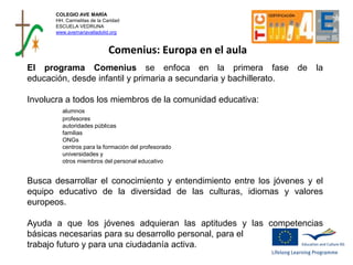 El programa Comenius se enfoca en la primera fase de la
educación, desde infantil y primaria a secundaria y bachillerato.
Involucra a todos los miembros de la comunidad educativa:
alumnos
profesores
autoridades públicas
familias
ONGs
centros para la formación del profesorado
universidades y
otros miembros del personal educativo
Busca desarrollar el conocimiento y entendimiento entre los jóvenes y el
equipo educativo de la diversidad de las culturas, idiomas y valores
europeos.
Ayuda a que los jóvenes adquieran las aptitudes y las competencias
básicas necesarias para su desarrollo personal, para el
trabajo futuro y para una ciudadanía activa.
Comenius: Europa en el aula
COLEGIO AVE MARÍA
HH. Carmelitas de la Caridad
ESCUELA VEDRUNA
www.avemariavalladolid.org
 
