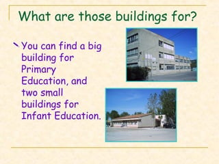 What are those buildings for?
 You can find a big
building for
Primary
Education, and
two small
buildings for
Infant Education.
 