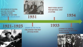 SUCCESSION OF DEATHS:
HIS SON-DAUGHTER-
MOTHER-FATHER
+BETRAYAL OF HIS WIFE
=LONELINESS, MELANCHOLY
1921-1925 1933
1931
AHMET KUTSİ TECER
ORGANIZED THE FEST
OF FOLK POETS
FIRST POEM ABOUT
THE REPUBLIC AND
ATATÜRK
JOURNEY TO ANKARA-
PUBLICATION OF HIS POEM
IN NEWSPAPER
1934
 