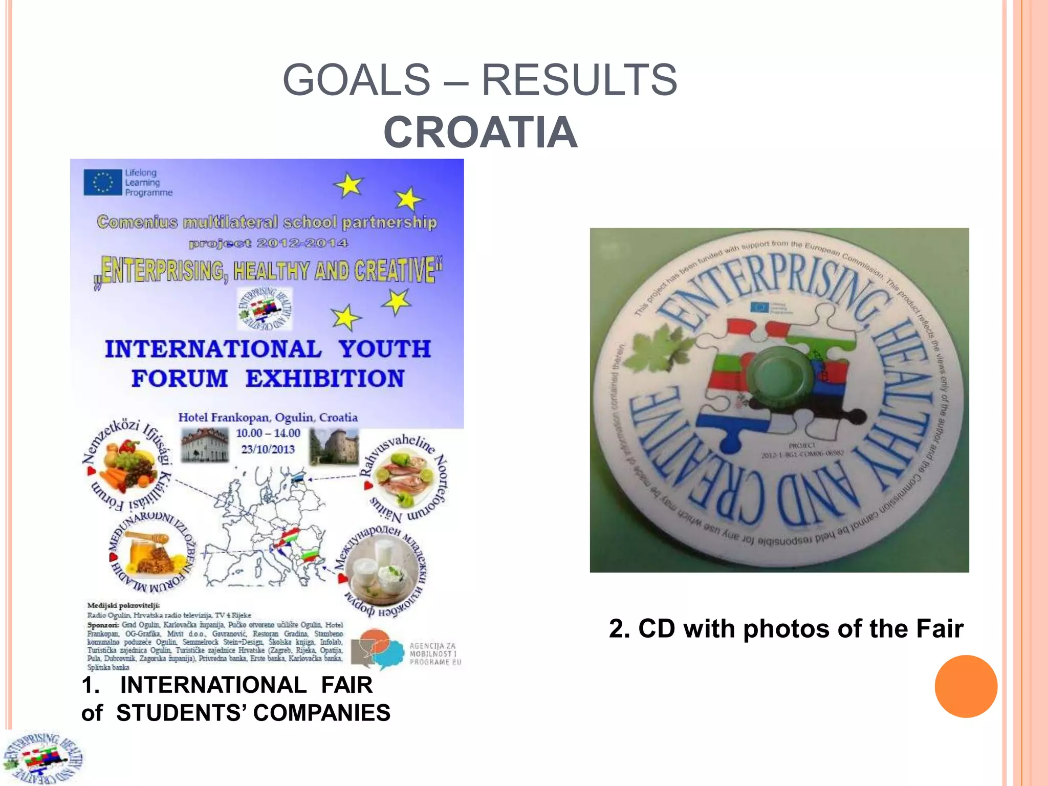 GOALS – RESULTS
CROATIA
2. CD with photos of the Fair
1. INTERNATIONAL FAIR
of STUDENTS’ COMPANIES
 