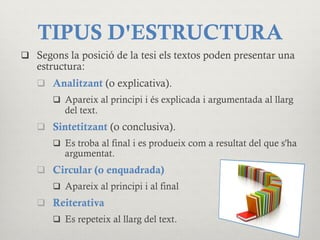 TIPUS D'ESTRUCTURA
q  Segons la posició de la tesi els textos poden presentar una
estructura:
q  Analitzant (o explicativa).
q  Apareix al principi i és explicada i argumentada al llarg
del text.
q  Sintetitzant (o conclusiva).
q  Es troba al final i es produeix com a resultat del que s'ha
argumentat.
q  Circular (o enquadrada)
q  Apareix al principi i al final
q  Reiterativa
q  Es repeteix al llarg del text.
 