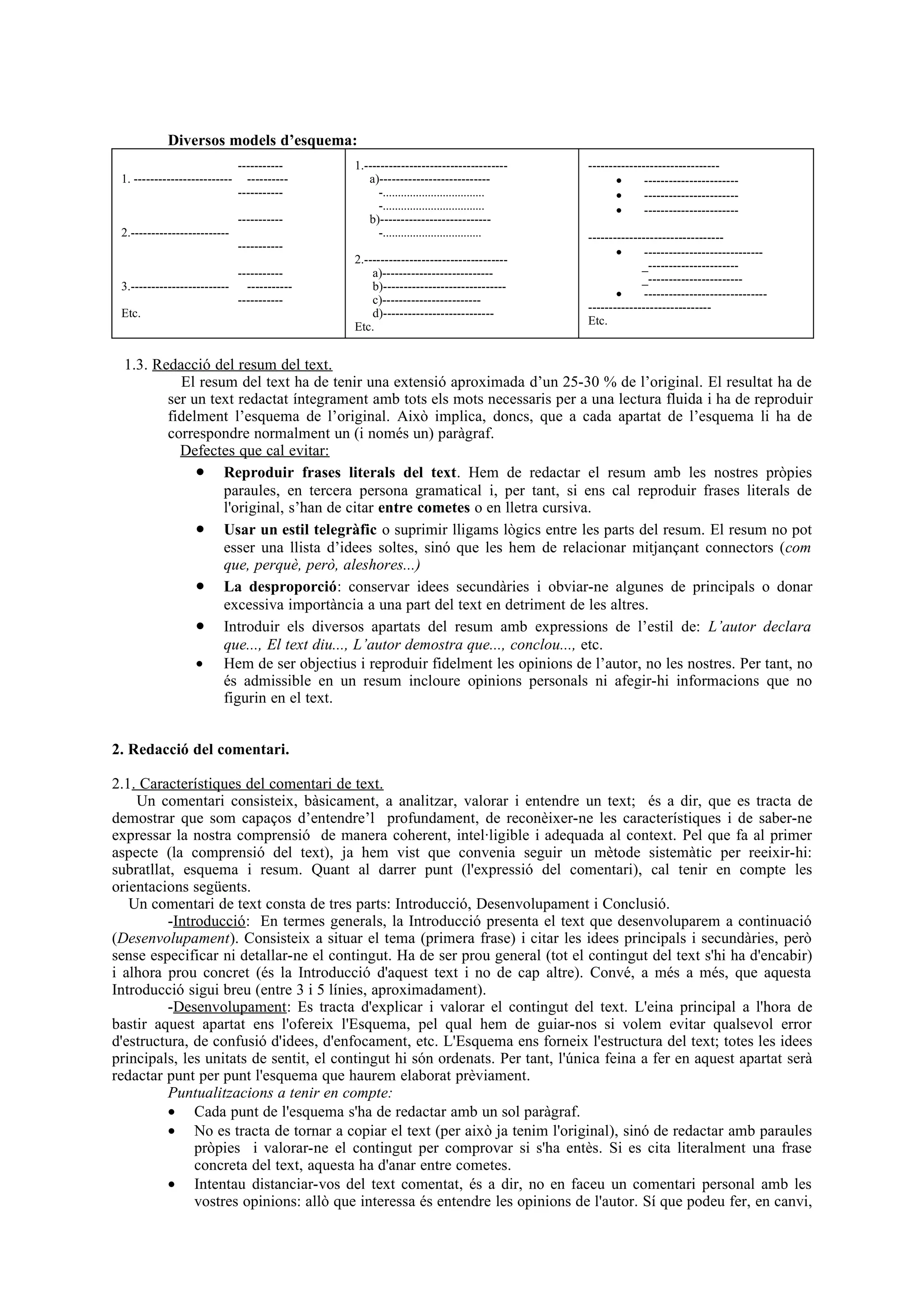 Diversos models d’esquema:
                               -----------    1.-----------------------------------       --------------------------------
 1. ------------------------     ----------      a)---------------------------                   •      -----------------------
                               -----------          -..................................          •      -----------------------
                                                    -..................................          •      -----------------------
                               -----------       b)---------------------------
 2.------------------------                         -.................................    ---------------------------------
                               -----------                                                       •      -----------------------------
                                              2.-----------------------------------                    _----------------------
                           -----------            a)---------------------------                        _-----------------------
 3.------------------------ -----------           b)------------------------------
                           -----------            c)------------------------                     •      ------------------------------
 Etc.                                             d)---------------------------           ------------------------------
                                              Etc.                                        Etc.


  1.3. Redacció del resum del text.
           El resum del text ha de tenir una extensió aproximada d’un 25-30 % de l’original. El resultat ha de
         ser un text redactat íntegrament amb tots els mots necessaris per a una lectura fluida i ha de reproduir
         fidelment l’esquema de l’original. Això implica, doncs, que a cada apartat de l’esquema li ha de
         correspondre normalment un (i només un) paràgraf.
           Defectes que cal evitar:
              • Reproduir frases literals del text. Hem de redactar el resum amb les nostres pròpies
                  paraules, en tercera persona gramatical i, per tant, si ens cal reproduir frases literals de
                  l'original, s’han de citar entre cometes o en lletra cursiva.
              • Usar un estil telegràfic o suprimir lligams lògics entre les parts del resum. El resum no pot
                  esser una llista d’idees soltes, sinó que les hem de relacionar mitjançant connectors (com
                  que, perquè, però, aleshores...)
              • La desproporció: conservar idees secundàries i obviar-ne algunes de principals o donar
                  excessiva importància a una part del text en detriment de les altres.
              • Introduir els diversos apartats del resum amb expressions de l’estil de: L’autor declara
                  que..., El text diu..., L’autor demostra que..., conclou..., etc.
              • Hem de ser objectius i reproduir fidelment les opinions de l’autor, no les nostres. Per tant, no
                  és admissible en un resum incloure opinions personals ni afegir-hi informacions que no
                  figurin en el text.


2. Redacció del comentari.

2.1. Característiques del comentari de text.
    Un comentari consisteix, bàsicament, a analitzar, valorar i entendre un text; és a dir, que es tracta de
demostrar que som capaços d’entendre’l profundament, de reconèixer-ne les característiques i de saber-ne
expressar la nostra comprensió de manera coherent, intel·ligible i adequada al context. Pel que fa al primer
aspecte (la comprensió del text), ja hem vist que convenia seguir un mètode sistemàtic per reeixir-hi:
subratllat, esquema i resum. Quant al darrer punt (l'expressió del comentari), cal tenir en compte les
orientacions següents.
   Un comentari de text consta de tres parts: Introducció, Desenvolupament i Conclusió.
         -Introducció: En termes generals, la Introducció presenta el text que desenvoluparem a continuació
(Desenvolupament). Consisteix a situar el tema (primera frase) i citar les idees principals i secundàries, però
sense especificar ni detallar-ne el contingut. Ha de ser prou general (tot el contingut del text s'hi ha d'encabir)
i alhora prou concret (és la Introducció d'aquest text i no de cap altre). Convé, a més a més, que aquesta
Introducció sigui breu (entre 3 i 5 línies, aproximadament).
         -Desenvolupament: Es tracta d'explicar i valorar el contingut del text. L'eina principal a l'hora de
bastir aquest apartat ens l'ofereix l'Esquema, pel qual hem de guiar-nos si volem evitar qualsevol error
d'estructura, de confusió d'idees, d'enfocament, etc. L'Esquema ens forneix l'estructura del text; totes les idees
principals, les unitats de sentit, el contingut hi són ordenats. Per tant, l'única feina a fer en aquest apartat serà
redactar punt per punt l'esquema que haurem elaborat prèviament.
         Puntualitzacions a tenir en compte:
         • Cada punt de l'esquema s'ha de redactar amb un sol paràgraf.
         • No es tracta de tornar a copiar el text (per això ja tenim l'original), sinó de redactar amb paraules
              pròpies i valorar-ne el contingut per comprovar si s'ha entès. Si es cita literalment una frase
              concreta del text, aquesta ha d'anar entre cometes.
         • Intentau distanciar-vos del text comentat, és a dir, no en faceu un comentari personal amb les
              vostres opinions: allò que interessa és entendre les opinions de l'autor. Sí que podeu fer, en canvi,
 