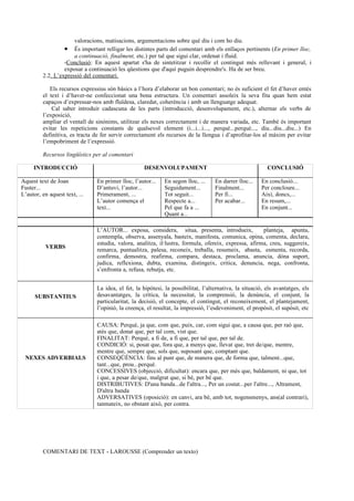 valoracions, matisacions, argumentacions sobre què diu i com ho diu.
                  • És important relligar les distintes parts del comentari amb els enllaços pertinents (En primer lloc,
                      a continuació, finalment, etc.) per tal que sigui clar, ordenat i fluid.
                  -Conclusió: En aquest apartat s'ha de sintetitzar i recollir el contingut més rellevant i general, i
                  exposar a continuació les qüestions que d'aquí puguin desprendre's. Ha de ser breu.
         2.2. L’expressió del comentari.

            Els recursos expressius són bàsics a l’hora d’elaborar un bon comentari; no és suficient el fet d’haver entès
         el text i d’haver-ne confeccionat una bona estructura. Un comentari assoleix la seva fita quan hem estat
         capaços d’expressar-nos amb fluïdesa, claredat, coherència i amb un llenguatge adequat.
             Cal saber introduir cadascuna de les parts (introducció, desenvolupament, etc.), alternar els verbs de
         l’exposició,
         ampliar el ventall de sinònims, utilitzar els nexes correctament i de manera variada, etc. També és important
         evitar les repeticions constants de qualsevol element (i...i...i..., perquè...perquè..., diu...diu...diu...) En
         definitiva, es tracta de fer servir correctament els recursos de la llengua i d’aprofitar-los al màxim per evitar
         l’empobriment de l’expressió.

         Recursos lingüístics per al comentari

     INTRODUCCIÓ                                   DESENVOLUPAMENT                                        CONCLUSIÓ

Aquest text de Joan            En primer lloc, l’autor...   En segon lloc, ...     En darrer lloc...   En conclusió...
Fuster...                      D’antuvi, l’autor...         Seguidament...         Finalment...        Per concloure...
L’autor, en aquest text, ...   Primerament, ...             Tot seguit...          Per fi...           Així, doncs,...
                               L’autor comença el           Respecte a...          Per acabar...       En resum,...
                               text...                      Pel que fa a ...                           En conjunt...
                                                            Quant a...

                               L’AUTOR... exposa, considera, situa, presenta, introdueix,             planteja, apunta,
                               contempla, observa, assenyala, basteix, manifesta, comunica, opina, comenta, declara,
                               estudia, valora, analitza, il·lustra, formula, ofereix, expressa, afirma, creu, suggereix,
          VERBS
                               remarca, puntualitza, palesa, reconeix, treballa, resumeix, abasta, esmenta, recorda,
                               confirma, demostra, reafirma, compara, destaca, proclama, anuncia, dóna suport,
                               judica, reflexiona, dubta, examina, distingeix, critica, denuncia, nega, confronta,
                               s’enfronta a, refusa, rebutja, etc.


                               La idea, el fet, la hipòtesi, la possibilitat, l’alternativa, la situació, els avantatges, els
      SUBSTANTIUS              desavantatges, la crítica, la necessitat, la comprensió, la denúncia, el conjunt, la
                               particularitat, la decisió, el concepte, el contingut, el reconeixement, el plantejament,
                               l’opinió, la creença, el resultat, la impressió, l’esdeveniment, el propòsit, el supòsit, etc

                               CAUSA: Perquè, ja que, com que, puix, car, com sigui que, a causa que, per raó que,
                               atès que, donat que, per tal com, vist que.
                               FINALITAT: Perquè, a fi de, a fi que, per tal que, per tal de.
                               CONDICIÓ: si, posat que, fora que, a menys que, llevat que, tret de/que, mentre,
                               mentre que, sempre que, sols que, suposant que, comptant que.
 NEXES ADVERBIALS              CONSEQÜÈNCIA: fins al punt que, de manera que, de forma que, talment...que,
                               tant...que, prou...perquè.
                               CONCESSIVES (objecció, dificultat): encara que, per més que, baldament, ni que, tot
                               i que, a pesar de/que, malgrat que, si bé, per bé que.
                               DISTRIBUTIVES: D'una banda...de l'altra..., Per un costat...per l'altre..., Altrament,
                               D'altra banda
                               ADVERSATIVES (oposició): en canvi, ara bé, amb tot, nogensmenys, ans(al contrari),
                               tanmateix, no obstant això, per contra.




         COMENTARI DE TEXT - LAROUSSE (Comprender un texto)
 