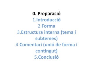 0. Preparació
1.Introducció
2.Forma
3.Estructura interna (tema i
subtemes)
4.Comentari (unió de forma i
contingut)
5.Conclusió

 