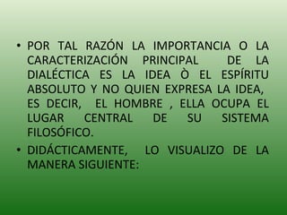 POR TAL RAZÓN LA IMPORTANCIA O LA CARACTERIZACIÓN PRINCIPAL  DE LA DIALÉCTICA ES LA IDEA Ò EL ESPÍRITU ABSOLUTO Y NO QUIEN EXPRESA LA IDEA,  ES DECIR,  EL HOMBRE , ELLA OCUPA EL LUGAR CENTRAL DE SU SISTEMA FILOSÓFICO. DIDÁCTICAMENTE,  LO VISUALIZO DE LA MANERA SIGUIENTE: 