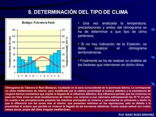8. DETERMINACIÓN DEL TIPO DE CLIMA Una vez analizada la temperatura, precipitaciones y aridez del climograma se ha de determinar a que tipo de clima pertenece.  Si no hay indicación de la Estación, se debe localizar el climograma territorialmente. Finalmente se ha de realizar un análisis de los factores que intervienen en dicho clima. Climograma de Talavera la Real (Badajoz), localizado en la zona suroccidental de la península ibérica. Le corresponde un clima mediterráneo de interior, pero modificado por la relativa proximidad al océano atlántico y la inexistencia de ninguna barrera montañosa que impida la llegada de la influencia atlántica. Esa influencia permite que los inviernos no sean tan fríos como en otras localizaciones de interior, Los veranos si son calurosos sobrepasando los 25 ºC en julio. En cuanto a las precipitaciones presenta los máximos principales en invierno y secundarios en primavera y otoño, lo que lo diferencia con las zonas más al interior, que presentan máximos en los equinoccios, esto es debido a la proximidad al océano que permite en invierno la llegada de las borrascas atlánticas. Fuerte sequía estival con cuatro meses secos, propio del clima irregular mediterráneo. Prof. ISAAC BUZO SÁNCHEZ 